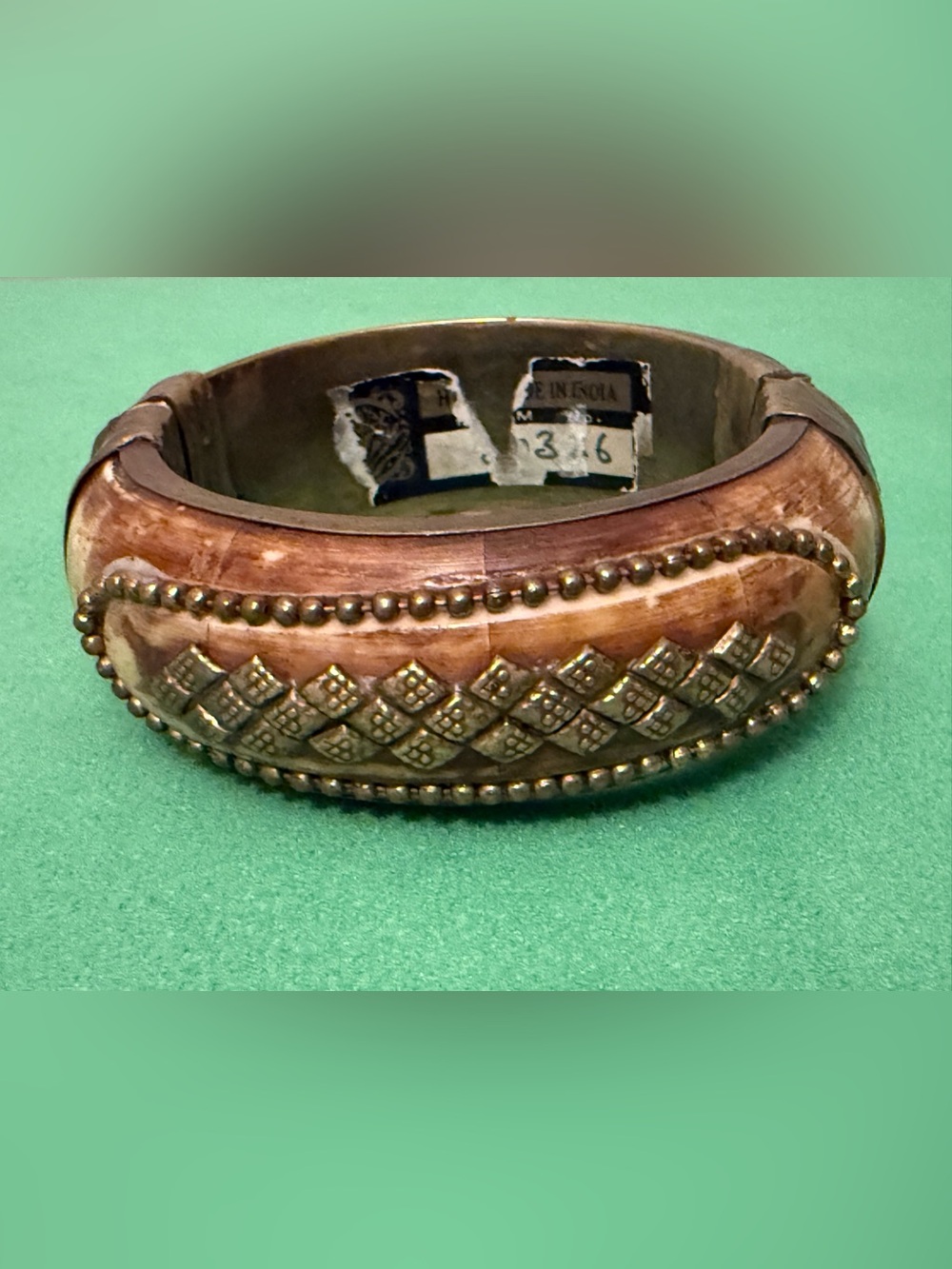 Carved Wood and Brass Accent Bangle Bracelet - Brown Vintage India Made